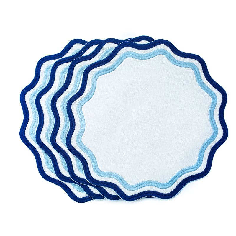 Misette | Colorblock Embroidered Linen Placemats, Blue, Set of 4