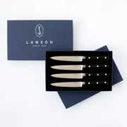 Lamson 5 Premier Forged Steak Knives set of 4 with fine edge, featuring full-tang German steel blades and walnut handles, elegantly packaged for gifting.