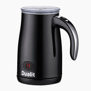 Dualit | Hot Chocolate Maker and Milk Frother, features a jug design with a lid, handle, and power button for heating and frothing milk effortlessly.