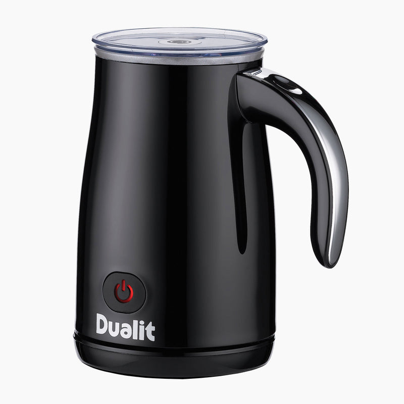 Dualit | Hot Chocolate Maker and Milk Frother, features a jug design with a lid, handle, and power button for heating and frothing milk effortlessly.