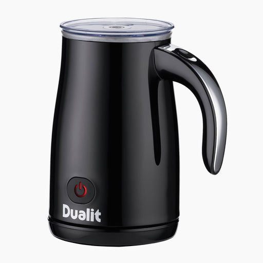 Dualit | Hot Chocolate Maker and Milk Frother, features a jug design with a lid, handle, and power button for heating and frothing milk effortlessly.