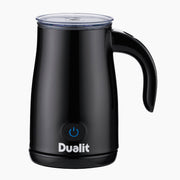 Dualit Hot Chocolate Maker and Milk Frother with removable whisk, clear lid, and power button, ideal for quick milk frothing and heating.