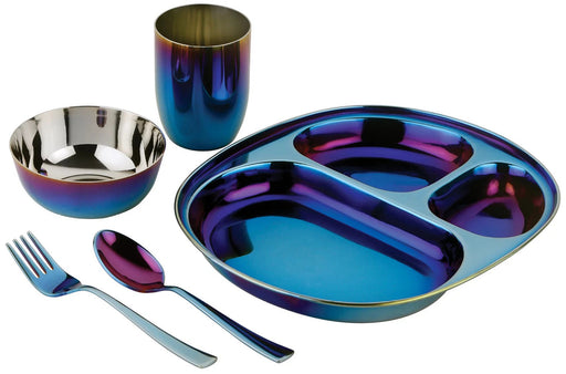 Ahimsa | Stainless Steel Kids Dishes - Mindful Mealtime Set featuring a close-up of a spoon, bowl, and plate for healthy eating habits in children.