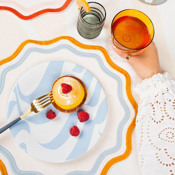 Misette | Colorblock Embroidered Linen Placemats Blue & Amber, Set of 4