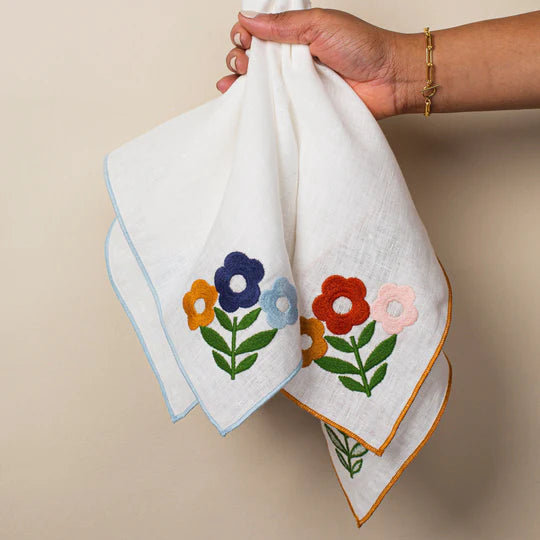 Misette | Floral Embroidered Linen Napkins in Amber, Set of 4