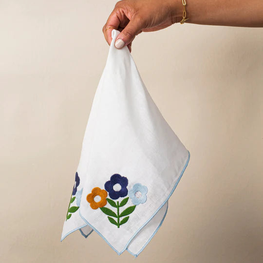 Misette | Floral Embroidered Linen Napkins in Dark Blue, Set of 4