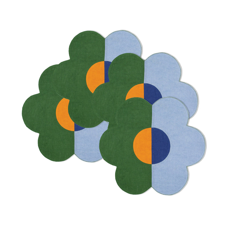 Misette | Floral Linen Patchwork Placemats, Green/Blue, Set of 4