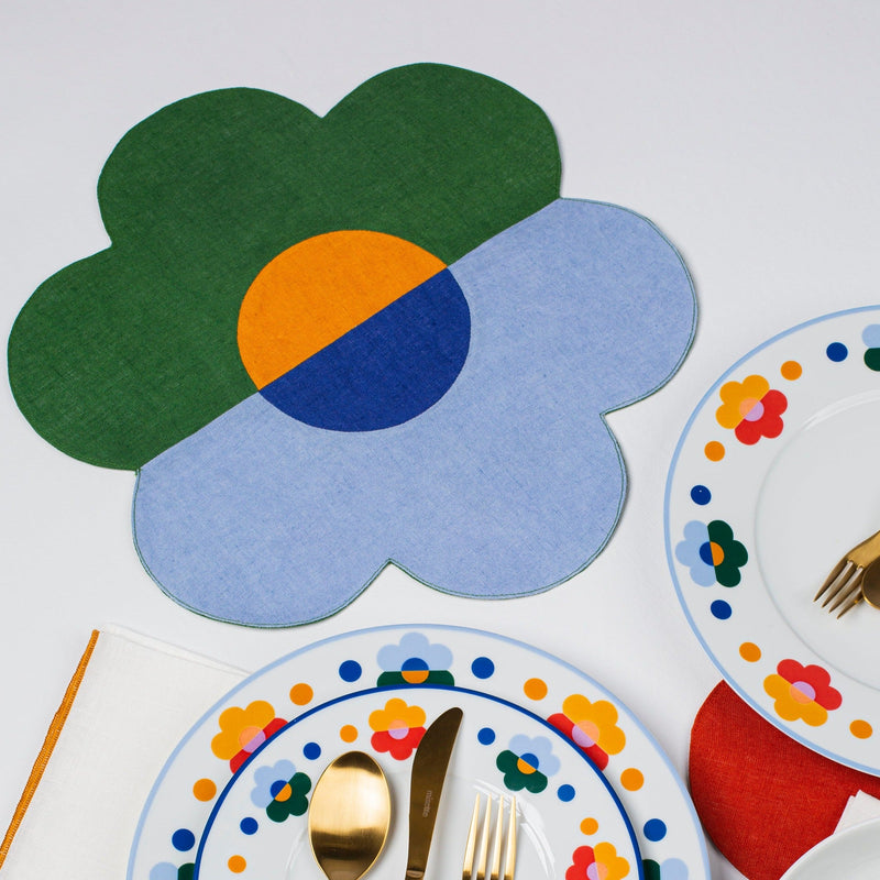 Misette | Floral Linen Patchwork Placemats, Green/Blue, Set of 4