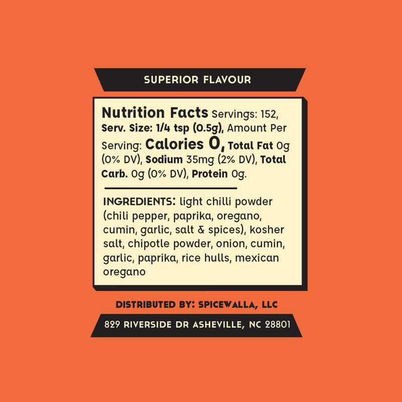 Spicewalla | Mom's Taco Seasoning front label showing Nutrition Facts and Ingredients, ideal for enhancing tacos and more with a slightly spicy, savory blend.