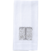 Crown Linen Designs | Monogram Linen Towel - T, 100% European linen, 17x29, embroidered, elevates kitchen or bathroom décor with timeless elegance.