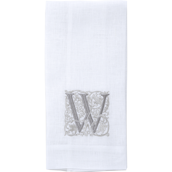 Crown Linen Designs | Monogram Linen Towel - W, 100% European linen, 17x29, embroidered letter, ideal for a refined kitchen or bathroom décor.