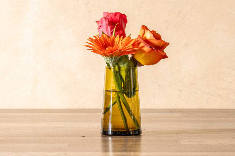 Set of 6 Moroccan Cone Glassware Large Amber, showcasing elegant hand-blown design with visible bubbles, crafted from recycled glass, ideal for drinks or decorative use.