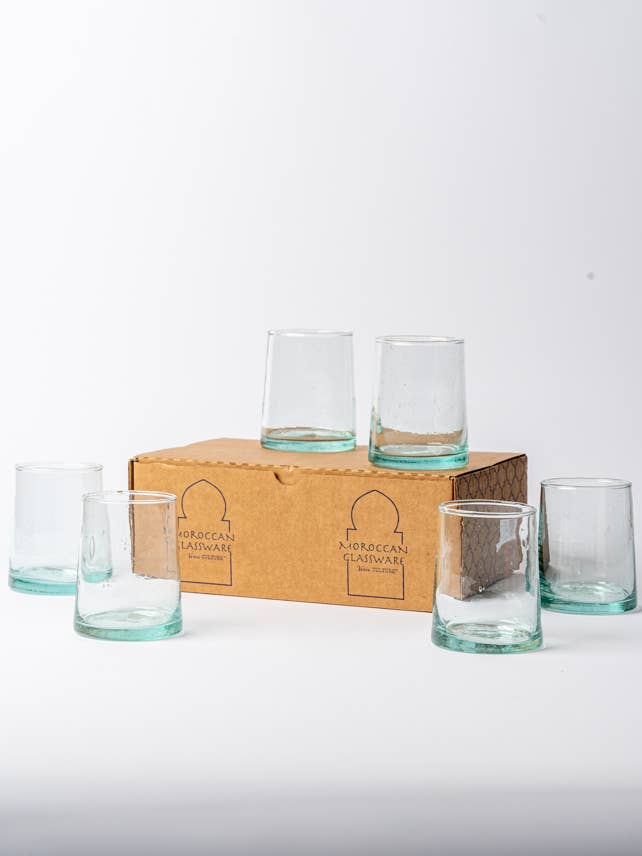 Moroccan Cone Glassware Small - Clear - Set of 6, hand-blown from recycled bottles, featuring elegant cone shapes, organic forms, and suspended bubbles, perfect for beverages or decorative vases.