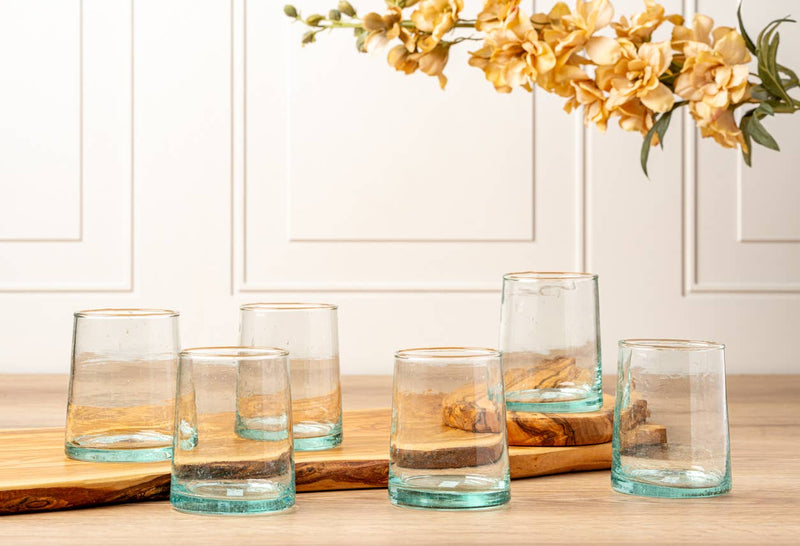 Moroccan Cone Glassware Small - Clear - Set of 6, hand-blown with visible bubbles, cone-shaped, made from recycled glass, perfect for beverages or as decorative vases.