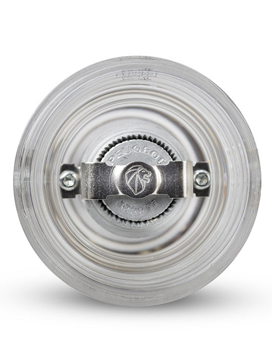 Peugeot | Paris Nancy Salt Mill, Acrylic, 12 inches, features a clear design showcasing its metal grinding mechanism and adjustable coarseness knob, ideal for culinary enthusiasts.