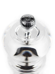 Peugeot | Paris Nancy Pepper Mill, Acrylic, 9 inches, viewed from above showing adjustable knob for coarseness control, perfect for enhancing flavor.
