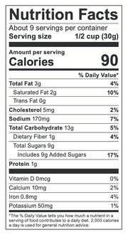 Close-up of the nutrition label for Poppy's Handcrafted Popcorns - Salted Caramel, highlighting its gluten-free, Non-GMO ingredients.