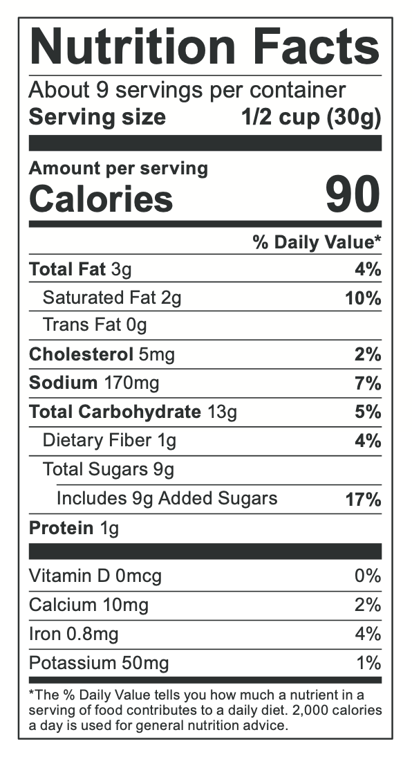 Close-up of the nutrition label for Poppy's Handcrafted Popcorns - Salted Caramel, highlighting its gluten-free, Non-GMO ingredients.