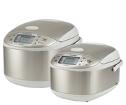 Zojirushi | Micom Rice Cooker Warmer - Stainless Gray, featuring dual stainless-steel models with digital control panels, ideal for modern kitchen efficiency from Athens Cooks.