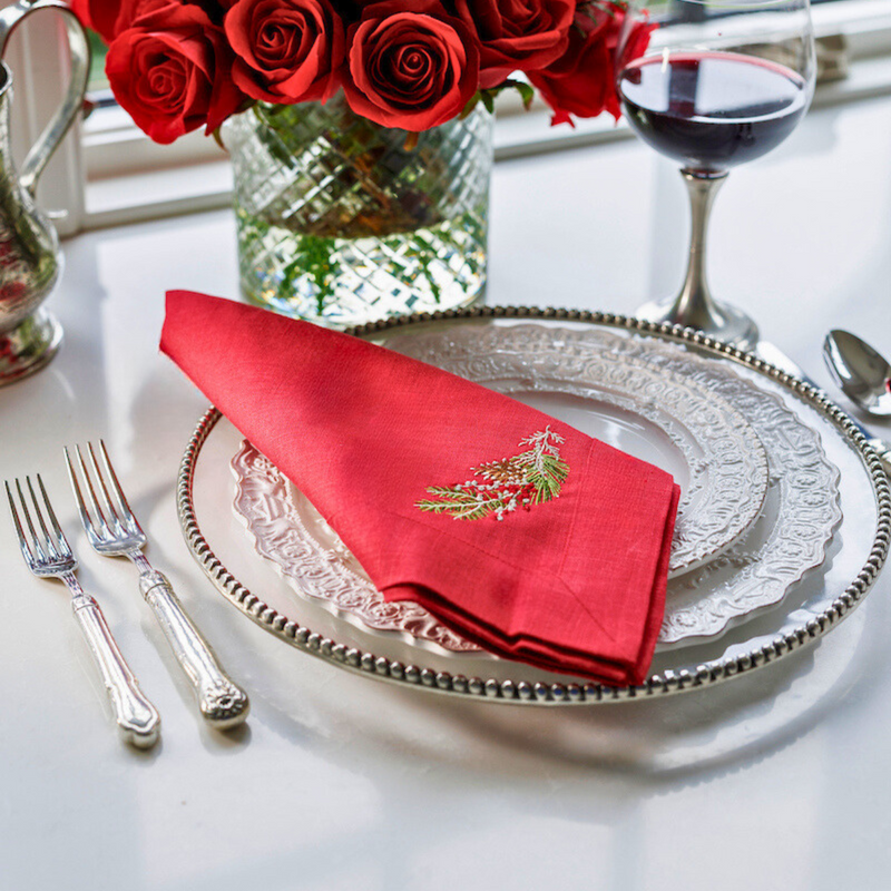 Arte Italica & Crown Linen Designs | Natale Sprig Large Napkin, Cream (Multi)