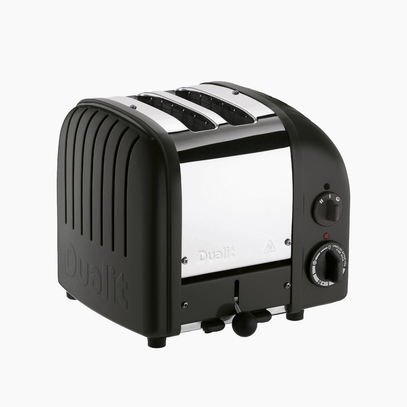 Dualit | 2 Slice Classic Toaster, Matt Black features a sleek stainless-steel design with black side panels and a browning control knob, ideal for precise toasting.