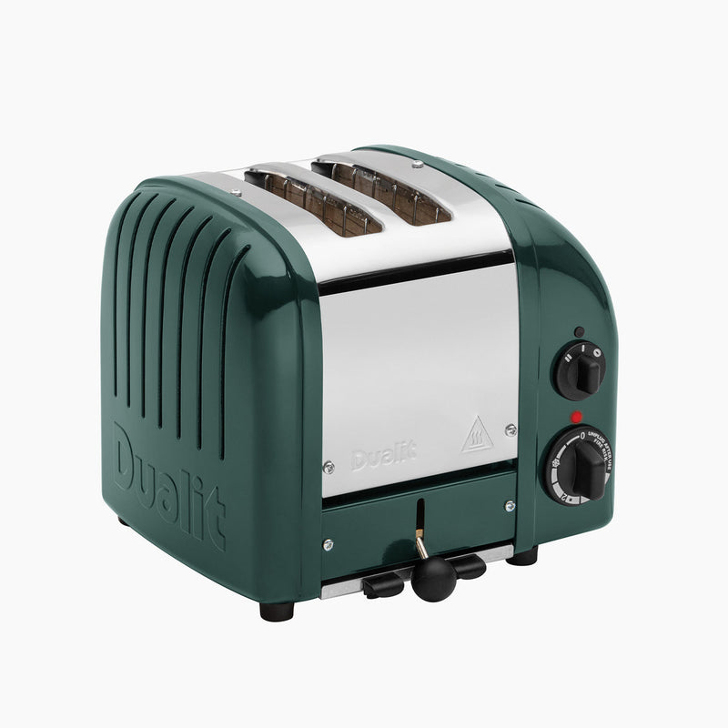 Dualit | 2 Slice Classic Toaster, Evergreen, featuring stainless-steel panels, lever, browning-control dials, and ventilation slots, combines style with functionality for perfect toasting.