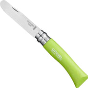 Opinel | N°7 First Opinel Folding Knife features a green handle, round-ended stainless-steel blade, and a Virobloc locking ring, ideal for young learners.
