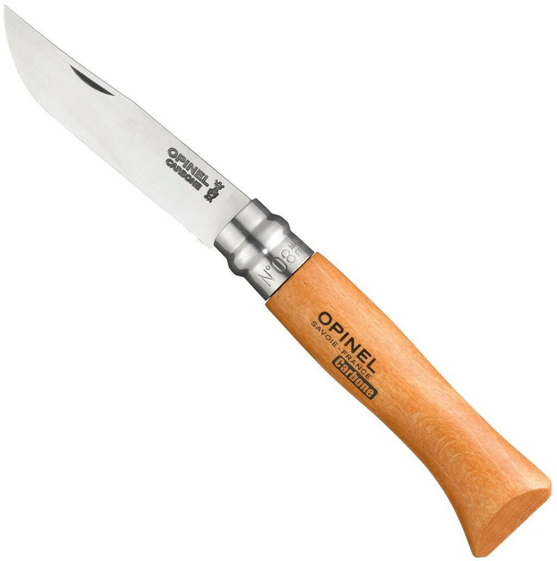 Opinel No 8 Carbon Steel Folding Knife, featuring a carbon-steel blade and beech-wood handle, perfect for versatile kitchen and outdoor use.