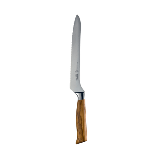 Messermeister | Oliva Elite Scalloped Offset Knife with stainless steel blade and ergonomic olive wood handle, ideal for slicing bread and pastries effortlessly.