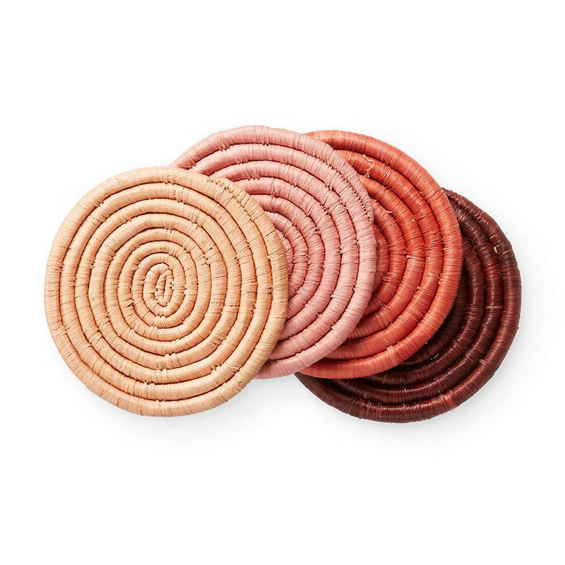 St. Frank | Ombré Coaster Collection - Blue: Close-up of handmade woven coasters, crafted from raffia and banana fibers, tied with a black grosgrain ribbon.