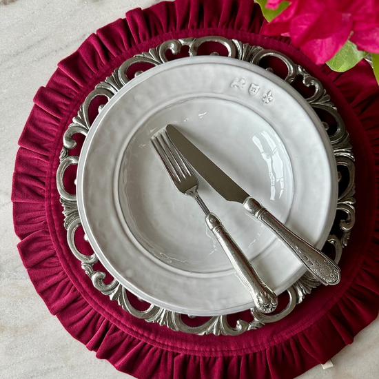 Arte Italica & Crown Linen Designs | Round Ruffle Velvet Placemat, French Blue