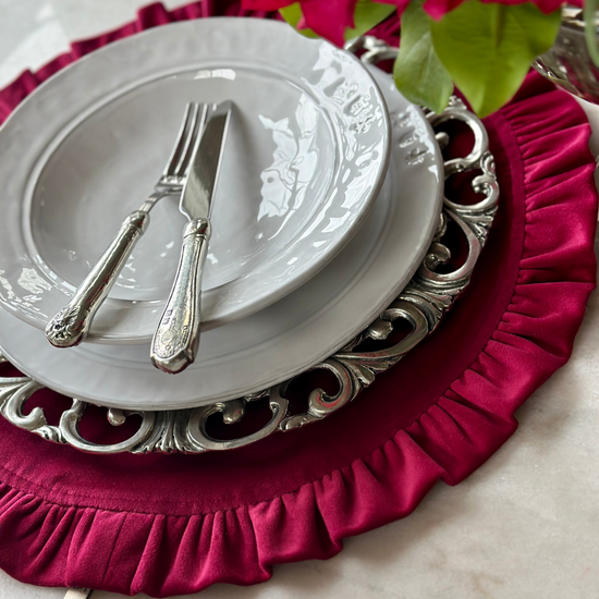 Arte Italica & Crown Linen Designs | Round Ruffle Velvet Placemat, French Blue