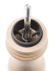 Peugeot | Paris u'Select Pepper Mill Natural Wood, 12 inches, showing the internal grinding mechanism with metal spindle and black plastic grinding-burr assembly, highlighting craftsmanship and innovation.