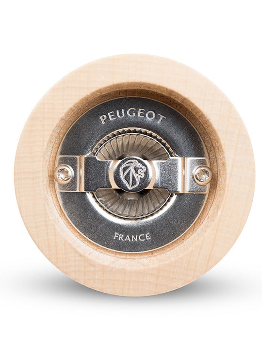 Peugeot | Paris Classic Salt Mill, Natural Wood, 9 inches, showcasing its durable grinding mechanism with Peugeot's lion logo, emphasizing superior craftsmanship from France.