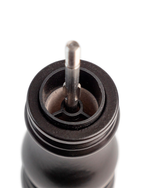 Close-up of Peugeot | Paris u'Select Wooden Pepper Mill's drive mechanism, showcasing its precision grind system and satin black finish in a 30cm size.