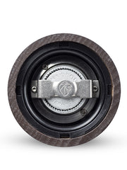 Underside view of the Peugeot | Paris u'Select Wood Pepper Mill Chocolate, 12 inches, showcasing its metal grinding mechanism marked “PEUGEOT FRANCE” within the wooden housing.