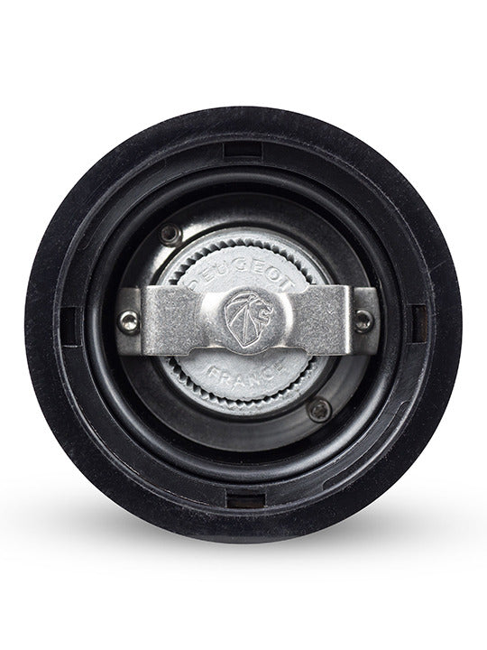 Peugeot | Paris u'Select Pepper Mill, Black Lacquer Wood, 9 inches, featuring the iconic Peugeot grinding mechanism with lion logo and Peugeot France stamp.