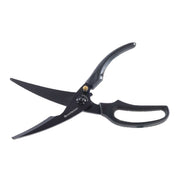 Messermeister 10 Push Button Take-Apart Poultry Shears with black ergonomic handles, titanium-coated blades, and pivot design for efficient poultry preparation.