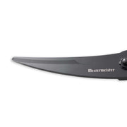 Messermeister | Push Button Take-Apart Poultry Shears, 10 inches, featuring a black titanium-coated blade with a curved edge, pivot hardware, and the Messermeister logo.