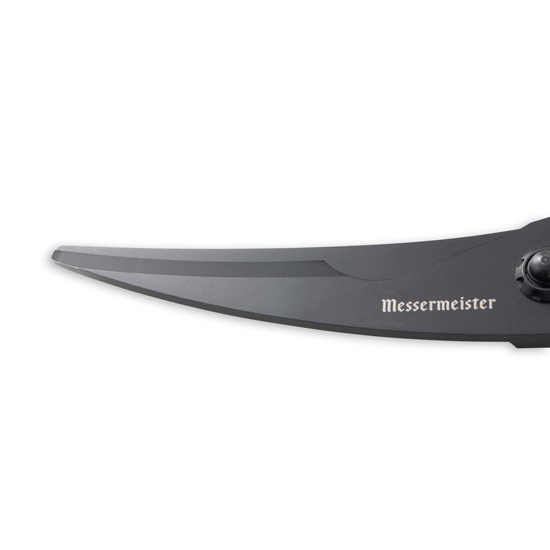 Messermeister | Push Button Take-Apart Poultry Shears, 10 inches, featuring a black titanium-coated blade with a curved edge, pivot hardware, and the Messermeister logo.