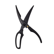 Messermeister 10 Push Button Take-Apart Poultry Shears with titanium-coated blades, molded handles, and pivot for effortless cutting and easy cleaning in the kitchen.