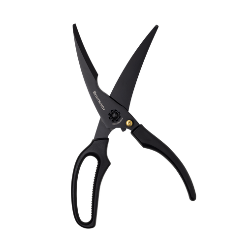 Messermeister 10 Push Button Take-Apart Poultry Shears with titanium-coated blades, molded handles, and pivot for effortless cutting and easy cleaning in the kitchen.