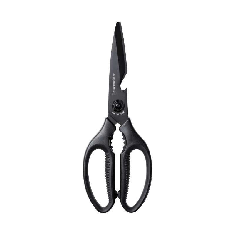 Messermeister | Push Button Take-Apart Multi Shears, 9 inches, featuring ergonomic handles, serrated jaws, bottle opener, and easy-clean release mechanism for versatile kitchen use.