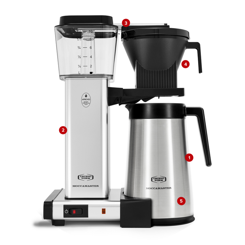Moccamaster KBGT Coffee Brewer in polished silver, featuring a stainless steel carafe and drip-stop brew basket for optimal coffee extraction and temperature consistency.