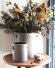 Farmhouse Pottery | Agrarian Crocks - 1-2 Gallon - Toast, featuring a hand-stamped handle and textured glaze, ideal for rustic kitchen decor.