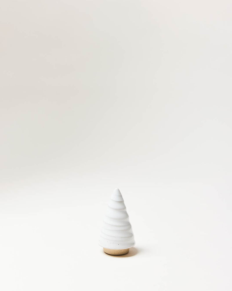 Farmhouse Pottery | Spruce Woodland Trees - Petite: A hand-thrown, spiral-grooved ceramic cone on a wooden base, embodying organic charm for elegant home decor.