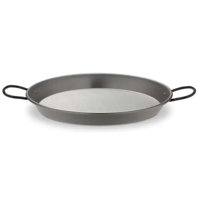 Vaello 17-inch polished steel paella pan with dimpled bottom and riveted handles for even heat distribution and secure handling, ideal for stovetop or oven use.