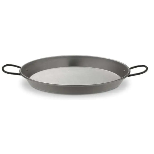Vaello 17-inch polished steel paella pan with dimpled bottom and riveted handles for even heat distribution and secure handling, ideal for stovetop or oven use.