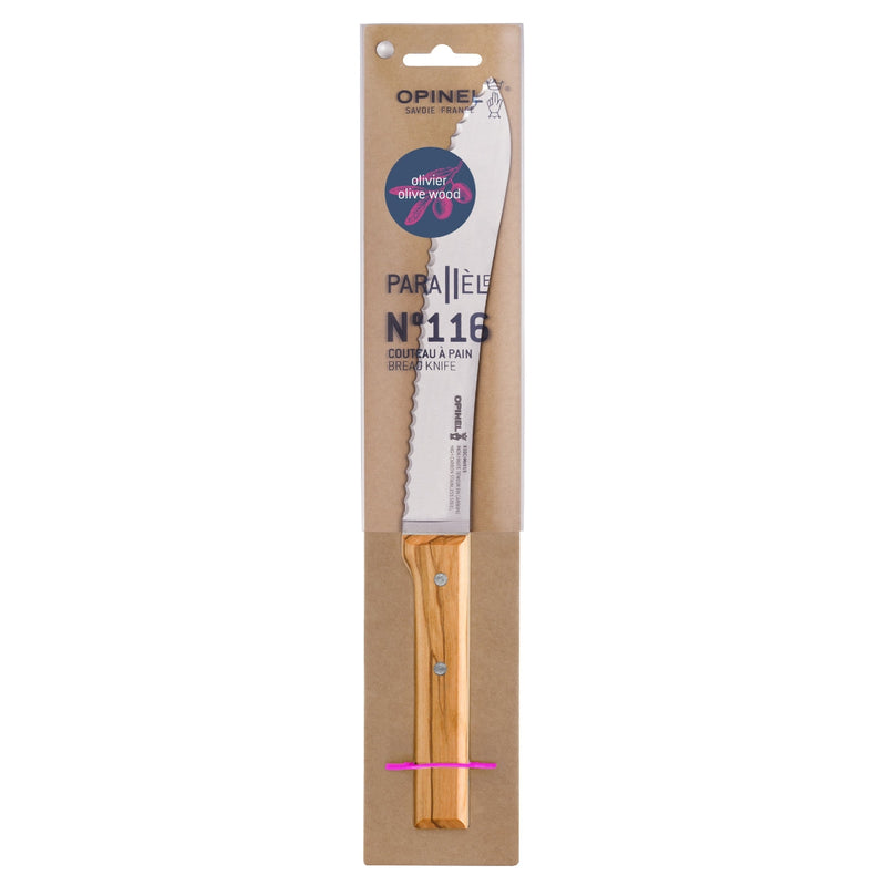 Opinel | Parallele N0. 116 Olivier Bread Knife, featuring a serrated stainless-steel blade and olive-wood handle, in original packaging from Athens Cooks.