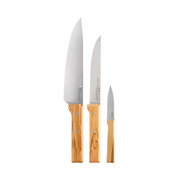 Opinel Parallele Trio Chef Knife Set with olive wood handles, showcasing robust blades and comfortable grip, packaged in a gift-ready box. Ideal for kitchen upgrades.